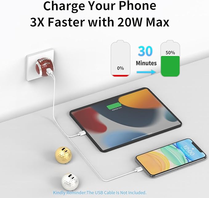 20W Dual Port Creative Golf Ball Charger Block， GaN III Power Adapter Fast Wall Charger with UL Certified, Fast Charging for iPhone 16/16 Pro/16 Pro Max/16 Plus/15/14/13/12, Galaxy, iPad, Airpods