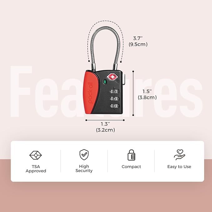 pack all TSA Approved Cable Luggage Locks, 3 Digit Combination Padlocks, Travel Lock for Suitcases & Bag, Alloy Body, Travel Accessories (4 Pack)（Red）