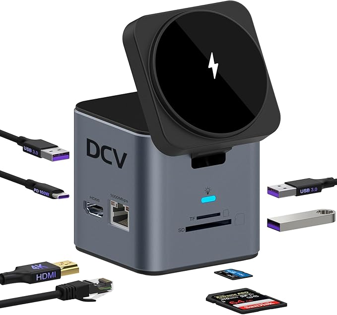 USB C Laptop Docking Station with MagSafe Charger Stand, 9 in 1 USB C Hub Multiport Adapter with 4K HDMI, 1Gbps Ethernet, 3 USB 3.0, SD/TF, Compatible with MacBook/Dell/HP/Lenovo/iPhone (Dark Gray)