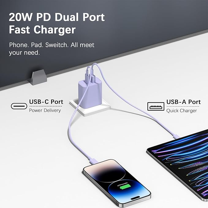 [4 Pack] USB C Charger Block Charging Block Type C Charger 20W Wall Chargers for iPhone Air/17/17 Plus/17 Pro/17 Pro Max/16/16 Plus/16 Pro/16 Pro Max/15/15 Pro/15 Pro Max/14/13/12 Pro/Samsung(Purple)