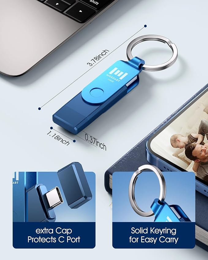 MOSDART 128GB Dual USB C Flash Drive, Speed Up to 150MB/S Type C 3.1 Thumb Drive with Keychain and LED Indicator, for iPhone 15 and 16, Android Phone, iPad, MacBook, and Laptops, Navy Blue