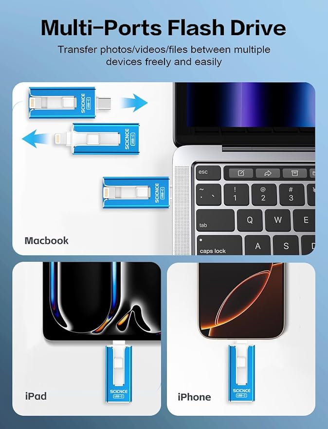SCICNCE 256GB Flash Drive Intended for iPhone, USB Memory Stick Storage Backup for Photos Videos, Plug and Play No APP Required, Compatible with iPhone iPad Android and Computers (Bule)