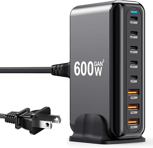 600W USB C Charger 100W USB C Charger Block, GaN III 8-Port Fast Charging Station Hub,PD 3.1 140W Laptop Charger Adapter Compatible with MacBook Pro/Air,DELL,Steam Deck,iPhone 16/15/14,Galaxy S25