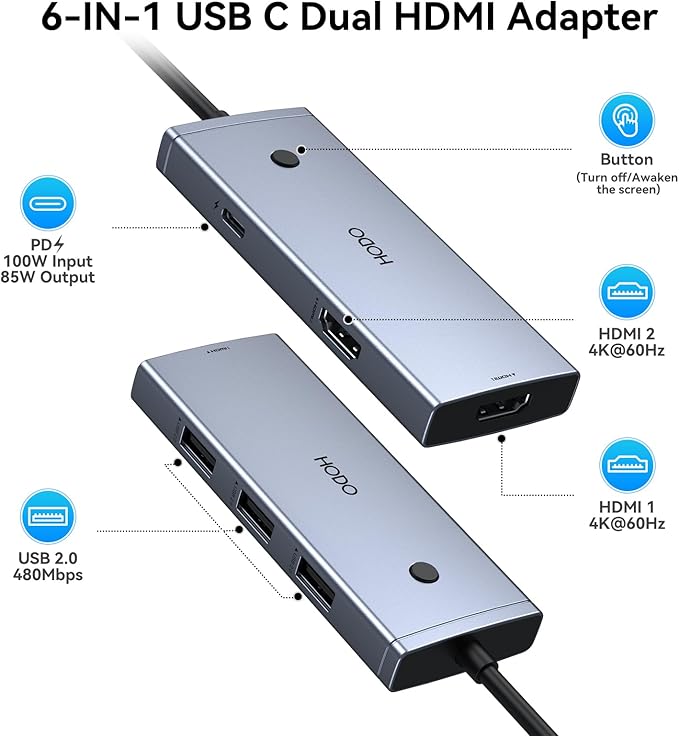 HODO Docking Station to Dual HDMI Monitors Adapter USB C to Dual HDMI Adapter 4K 60 Hz for Laptops Docking Station Dual Monitor with PD 3 USB Port Button Compatible for HP Elitebook Dell XPS 13 15 etc