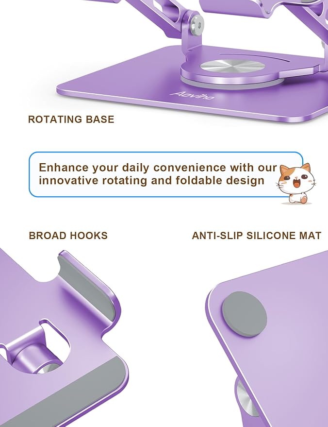 Tablet Stand 360° Rotating Aluminum Holder - Adjustable, Portable & Foldable Monitors Stand for iPads, Compatible with 4-13.3" Tablets, Purple