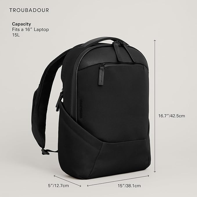 Troubadour Apex 4.0 Compact - 16L Premium Laptop Backpack - Ergonomic & Water Resistant - Designed for Work and Travel - Black