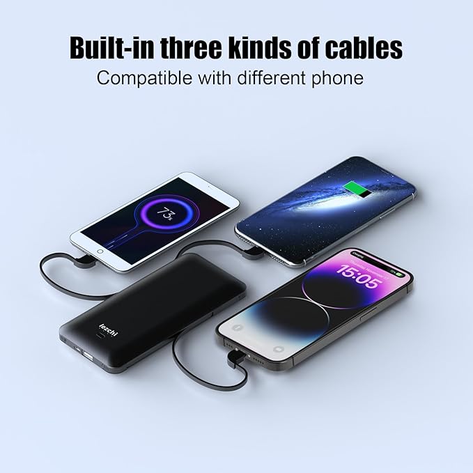 Portable Power Bank, Ultra Slim 10000mAh Portable Charger with Built in Cable, USB C External Battery Pack with Built-in AC Wall Plug Compatible with iPhone Smartphone Tablet…