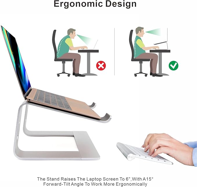 Ergonomic Aluminum Laptop Stand - Detachable Mount Riser Compatible With MacBook Pro/Air, HP, Lenovo, Samsung, Huawei - All 10-17.3" Notebooks (Silver)