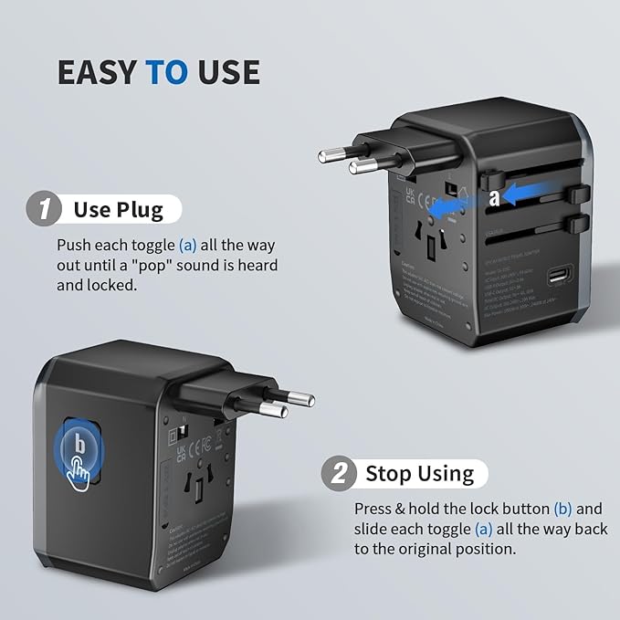 EPICKA Universal Travel Adapter, International Power Adapter with 2 USB-A & 3 USB-C Ports Wall Charger - Worldwide Travel Essentials, European Travel Plug Adapter for UK/US/AU (TA-105C, Black)