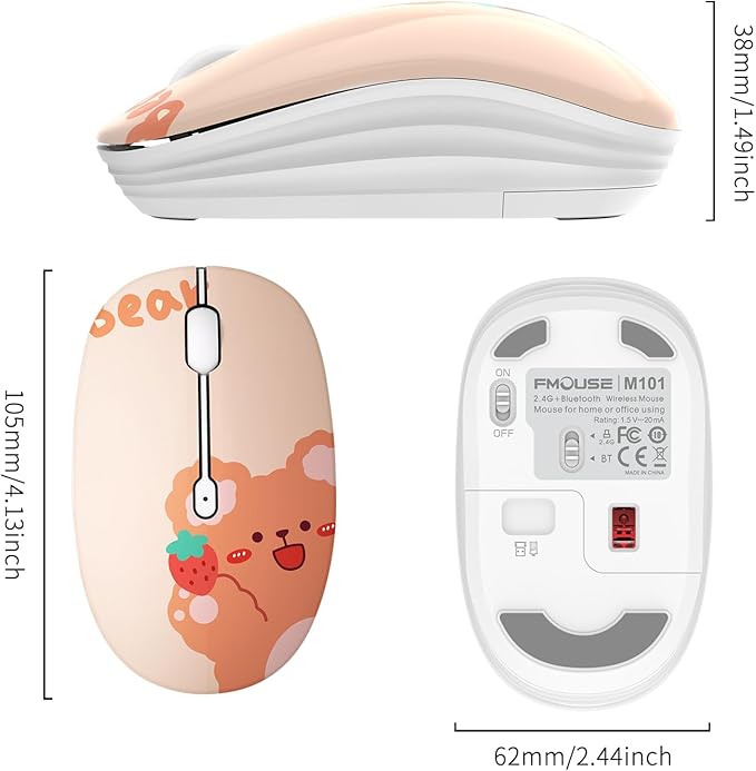 Cute Bluetooth Wireless Mouse with 2.4GHz USB Receiver, Silent Clicks, AA-Battery Powered, Durable, Lovely Cartoon Mice, Ideal for Kids, Students, Teens on Laptops, Mac, iPad, PC (Kerry Bear)