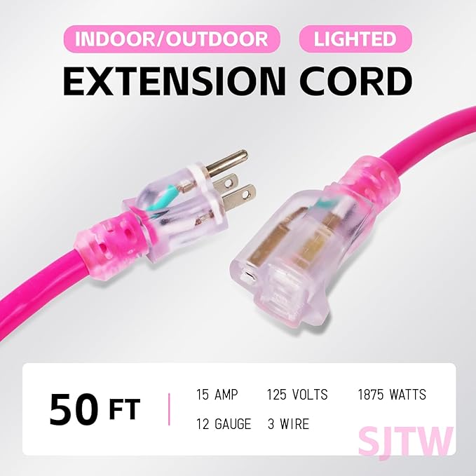 EP 50Ft Outdoor Extension Cord, 12/3 SJTW Heavy Duty Waterproof Power Cable, 3 Prong Grounded Plug, Lighted End, for Lawn, Garden, Appliances, Pink