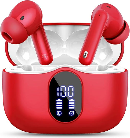 Wireless Earbuds, Bluetooth 5.4 Headphones Bass Stereo, Ear Buds with Noise Cancelling Mic, LED Display in Ear Earphones Clear Calls, IP7 Waterproof Bluetooth Earbuds for Laptop/Phones/Sports, Red