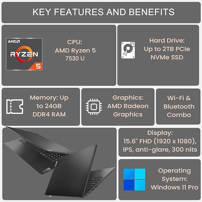 Lenovo V15 Laptop, 15.6” FHD, AMD Ryzen 5 7530U, 16GB RAM, 512GB SSD, Windows 11 Pro – Slim, Fast, and Ready for Work or Study, School and Office, Texture Black