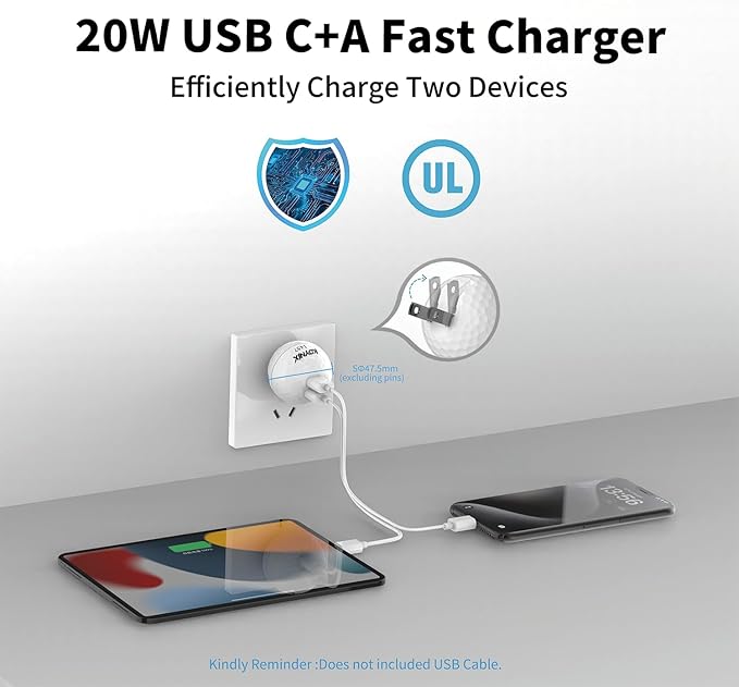 20W Dual Port Creative Golf Ball Charger Block， GaN III Power Adapter Fast Wall Charger with UL Certified, Fast Charging for iPhone 16/16 Pro/16 Pro Max/16 Plus/15/14/13/12, Galaxy, iPad, AirPods