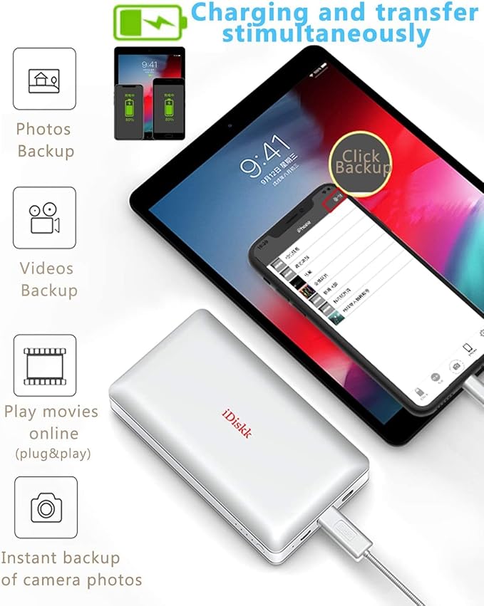 iDiskk App-le Mfi Certified 2TB External Hard Drive for iPhone 15 & 16, iPad, Android Phones, Mac - Backup Photos, Videos & Files, 10000mAh Power Bank