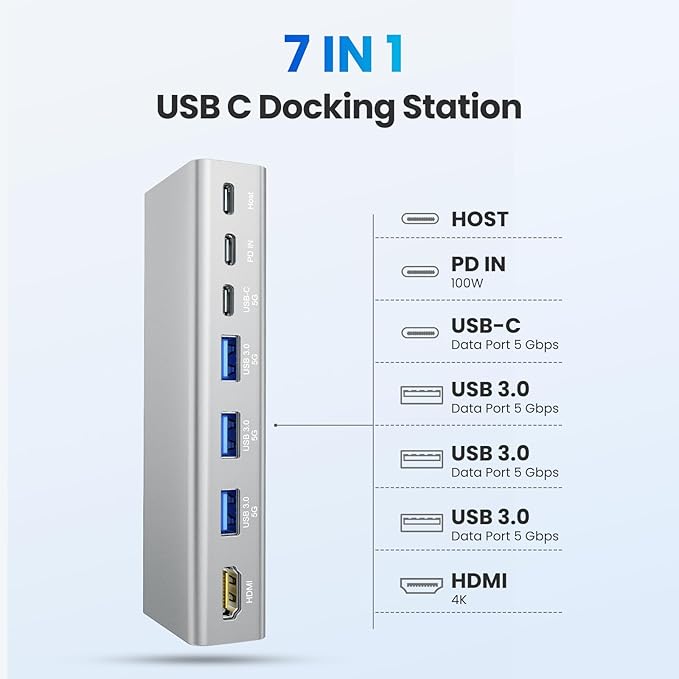 tounee Laptop Stand with Detachable USB-C Hub, 100W PD Charging, 4K@60Hz HDMI, 3 USB Ports, Ergonomic Laptop Holder Docking Station for 10-17" Laptops, MacBook & More - Silver