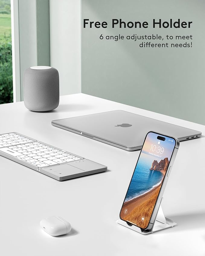 Samsers Foldable Bluetooth Keyboard with Touchpad - Portable Wireless Keyboard with Holder, Rechargeable Full Size Ultra Slim Pocket Folding Keyboards for Android Windows iOS Tablet & Laptop - Silver