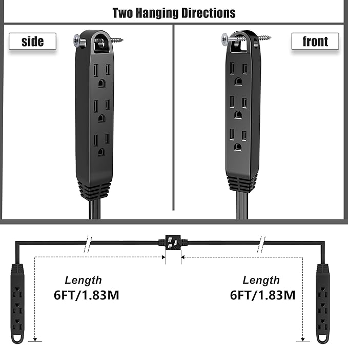 3-Prong 12FT Twin Extension Cord with 6 Outlets and Safety Covers - Slim Design for Furniture, 12FT Double Cord 6 FT Each Side in Black Color