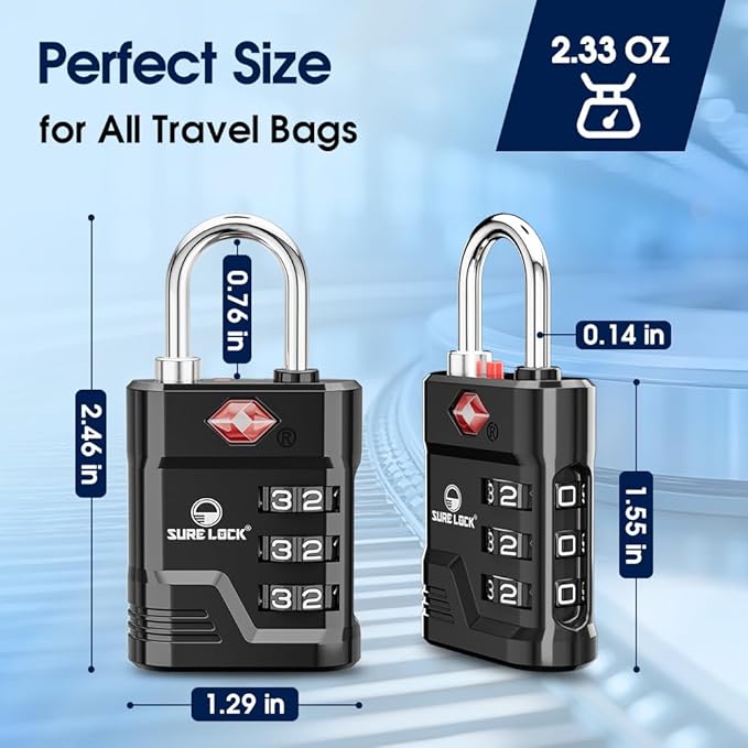 SURE LOCK TSA Locks for Luggage, TSA Approved Luggage Locks with Open Alert, 008 Key for High Security, Easy Read Dials, Zinc Alloy Body, Locker Lock for Suitcase, Gym, Travel. (Black 2 pk)