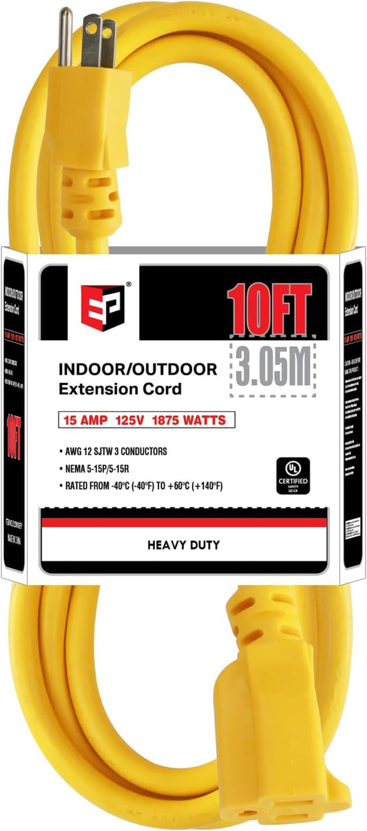 EP 10 Ft Outdoor Extension Cord, 12/3 SJTW Heavy Duty Extension Cable with 3 Prong Grounded Plug, 15 AMP Power Cord for Lawn, Garden, Appliances, Yellow