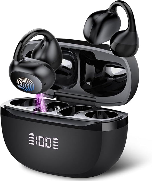 Open Ear Earbuds,Wireless Earbuds Bluetooth 5.4 Ergonomic Clip-On Ear buds, Bone Conduction Over The Ear Headphones 48H Playtime, Perfect Running Headphones for Sports IPX7 Waterproof Touch Controls