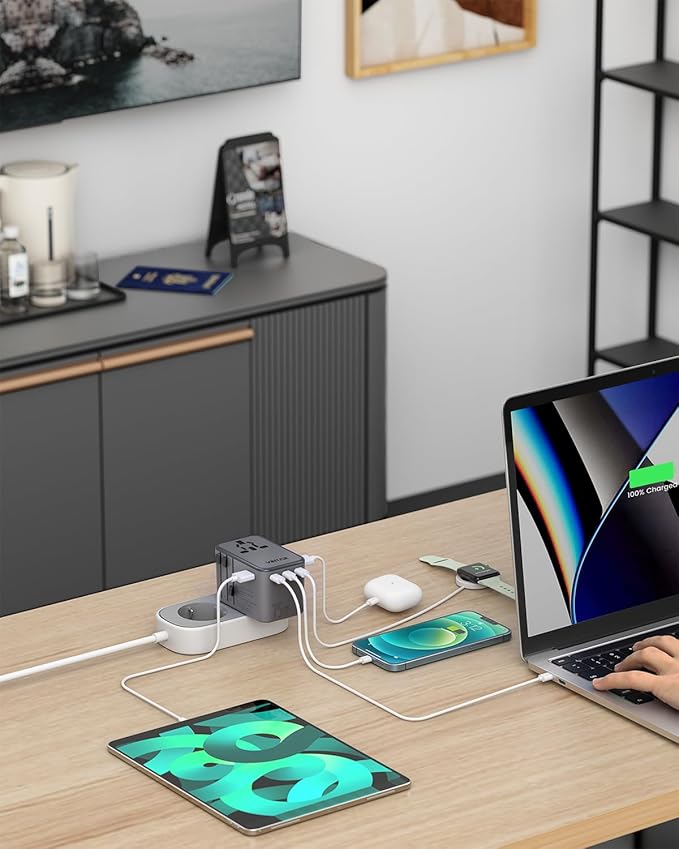 Universal Travel Adapter, VINTAR 75W GaN International Power Adapter with 3 USB-C PD and 2 USB-A QC Charging Ports, All-in-one Outlet Converter Wall Charger for Europe UK USA AUS(Type C/G/A/I), Grey