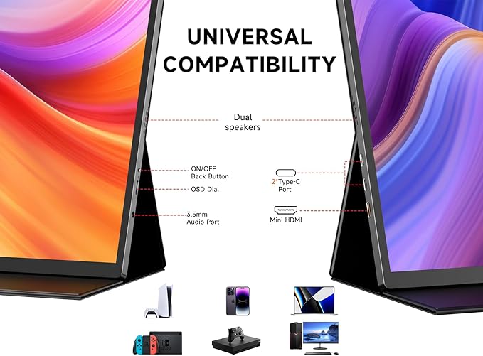 qaf 18.5 Inch Portable Monitor - 100Hz 1080P FHD IPS HDR Display- 100% sRGB - Frameless Gaming/Travel Second Monitor for Laptop/PC/Mac/PS5/Xbox - VESA Mount & Built-in Speakers - Black