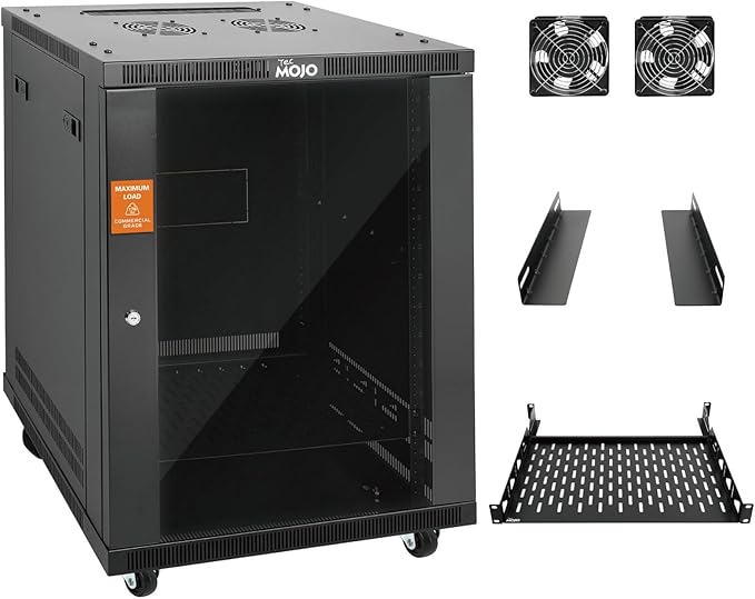Tecmojo 15U Wall Mount Rack,15U Rack 23.6 Inch Depth,Hold Up to 176 Lbs,Enclosed Wall Mount Rack Kit for 19 Inch Network,Server and AV Gear,Glass Door(Elite Collection)
