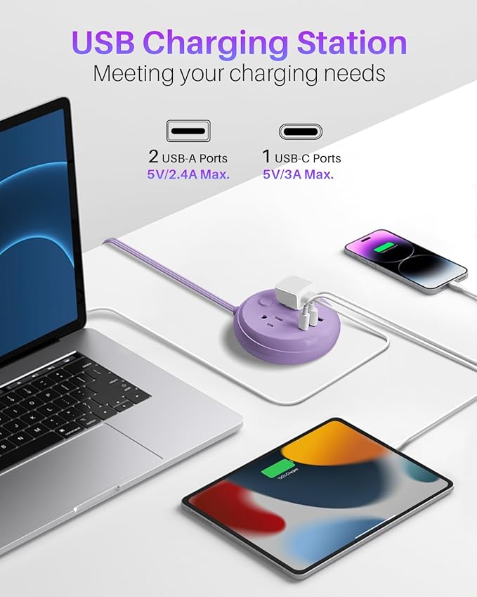 Flat Plug Power Strip with USB C Ports, KOOSLA Travel Extension Cord No Surge Protection - 2 Outlets 3 USB Ports(1250W) - Cruise Essentials for Cruise Ship, Home, Office, Dorm Room, 10ft