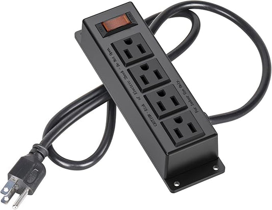 Wall Mount Power Outlet Strip, 4 Outlet Mountable Power Strip with Switch, 3ft Cord Under Desk Power Strip for Office/Industrial/Home, Flat Plug, Black
