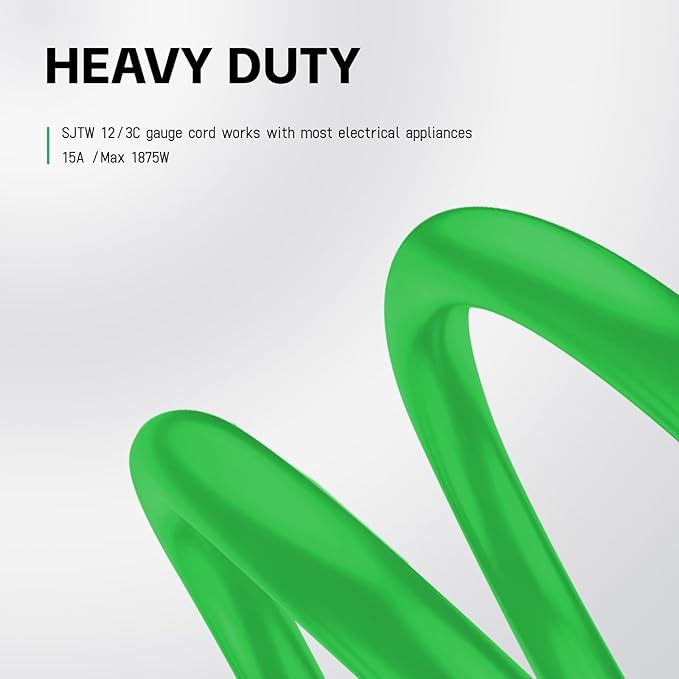 EP 10 Ft Outdoor Extension Cord, 12/3 SJTW Heavy Duty Waterproof Power Cable, 3 Prong Grounded Plug, Lighted End, for Lawn, Garden, Appliances, Green