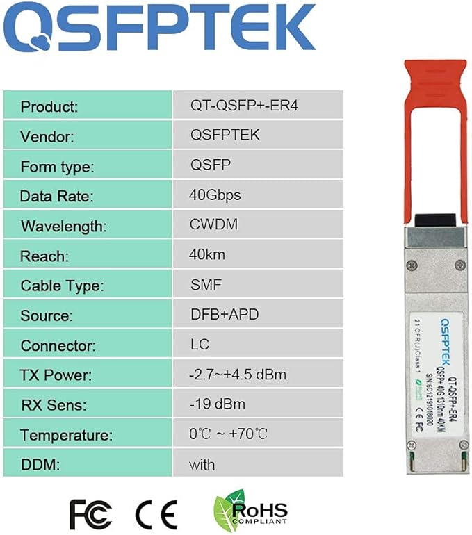 QSFPTEK 40GBASE-ER4 QSFP+ Module, 1310nm 40km DOM LC SMF Optical Transceiver for Dell Networking 430-4917-40