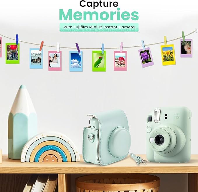 Fujifilm Instant Mini 12 Camera + Accessory Bundle & Custom Case + Fuji Instant Film (20 Shots), Designer Mini Photo Album (60 Pockets) (Mint Green)
