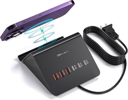 Multi-Device Charging Station, 100W GaN 6-Port USB C Charger Hub with 45W PD Wall Adapter & 15W Wireless Charger. Compatible with iPhone, iPad, Samsung & Laptops. Fast & Efficient (100W-Black)