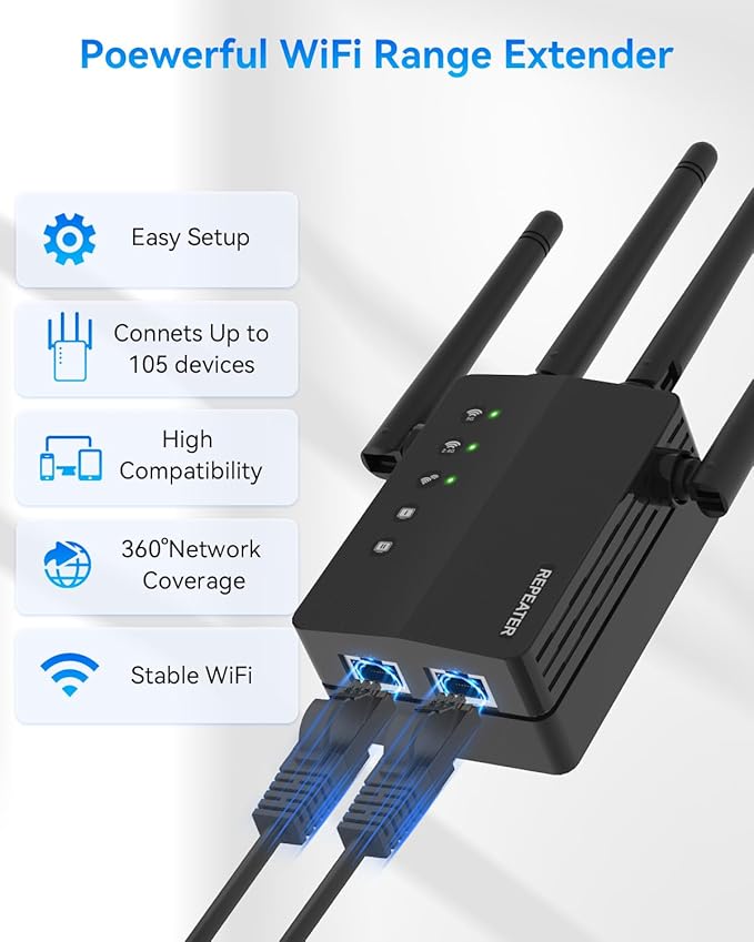 WiFi Extender, Long Range WiFi Repeater, WiFi Range Extender, Covers Up to 12880 Sq.ft, Easy Set Up for Home, WiFi Extender Signal Booster, Dual Band Wireless Booster