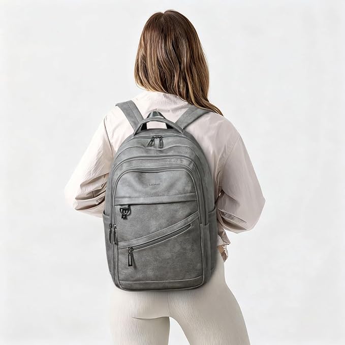 43L Backpack for Women Men - Vegan Leather Backpack Purse Travel Carry-on Bag College Bookbag Work fits 17" Laptop,DimGray