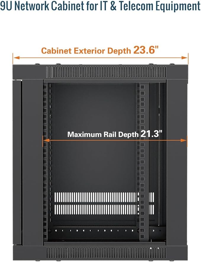 Tecmojo 9U Wall Mount Rack Cabinet, Heavy-Duty 176 Lbs High Load Capacity, 19” Enclosed Server Network Rack with Glass Door, 23.6” Deep – Elite Collection