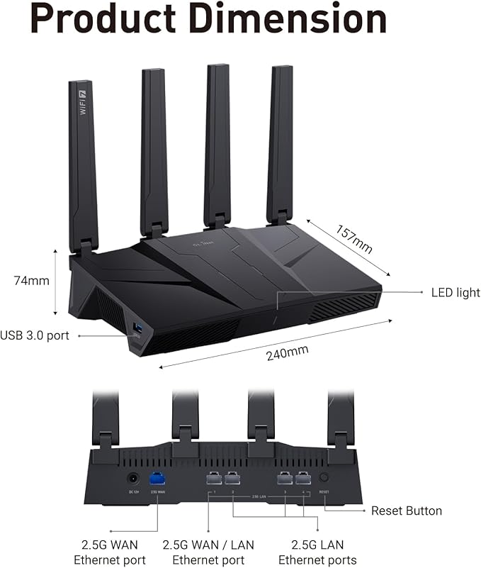 GL.iNet GL-BE9300 (Flint 3) Tri-Band WiFi 7 Router, High-Speed 6GHz Gaming WiFi Router for Wireless Internet, Long Range, 5 x 2.5G VPN Routers for Fiber Optic Modem, Computer Routers, Home & Business