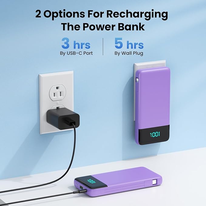 Portable Charger for iPhone with Built in Cables and Wall Plug,Upgraded 13800mAh Fast Charging USB C Power Bank,4 Outputs Travel Essential Battery Pack Compatible with iPhone 15/14/13,Samsung-Purple