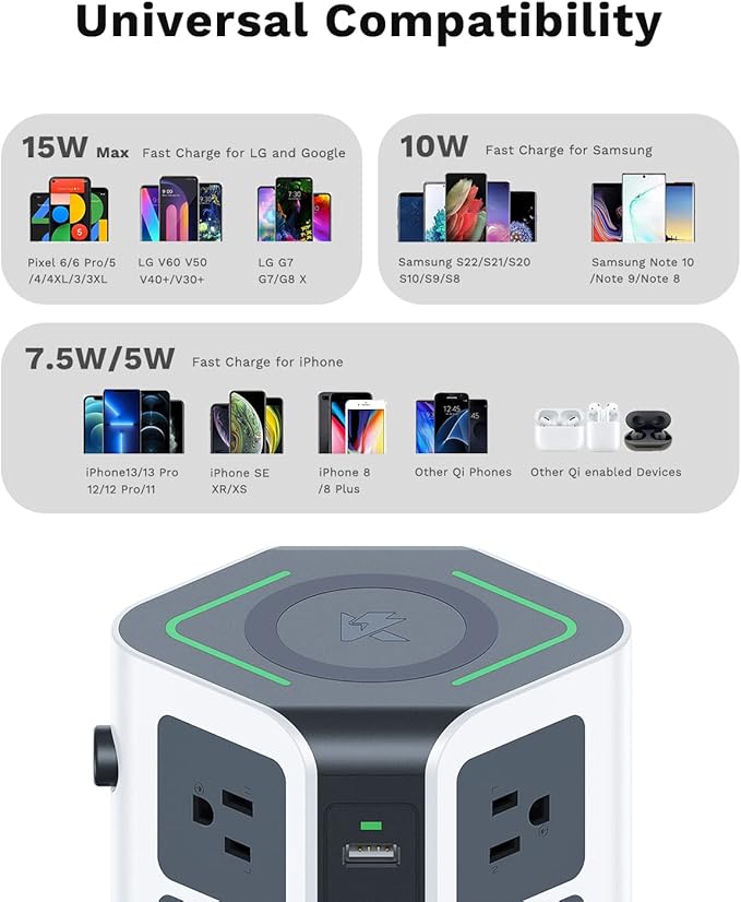 KOOSLA Power Strip Tower, [15W] Wireless Charger Surge Protector - 12 AC Multiple Outlets & 6 USB Ports, 6.5ft Extension Cord Charging Station for Office Supplies, Desk Accessories, Dorm Essentials