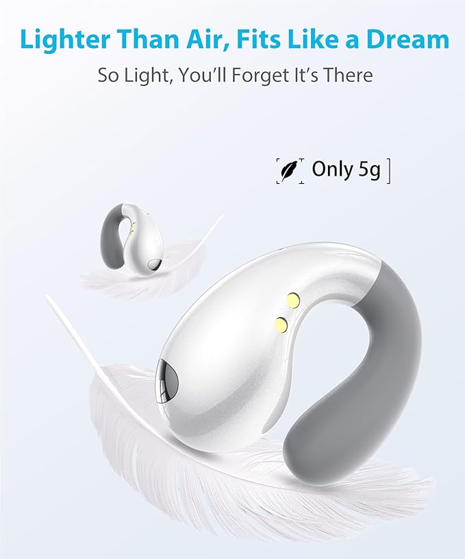 Ultra Open Ear Earbuds - Ergonomic Clip-On Earbuds, Bone Conduction Over-The-Ear Headphones with Waterproof Design and Secure Fit for Small Ears, Pearl White