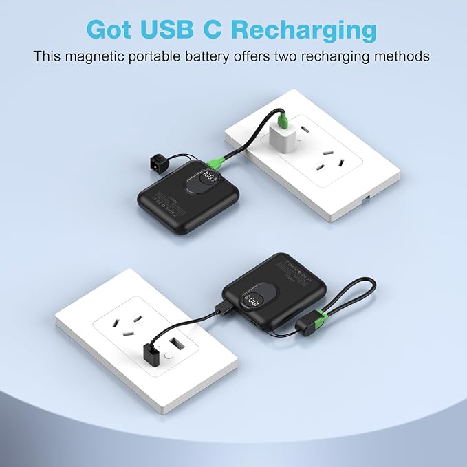 Small Magnetic Power Bank,5000mAh Mag-safe Battery Pack with 20W Fast Charging Detachable USB C&iOS cable,with LED Display,Slim Wireless Portable Charger for iPhone16/15/14/13/12 Series (Black)