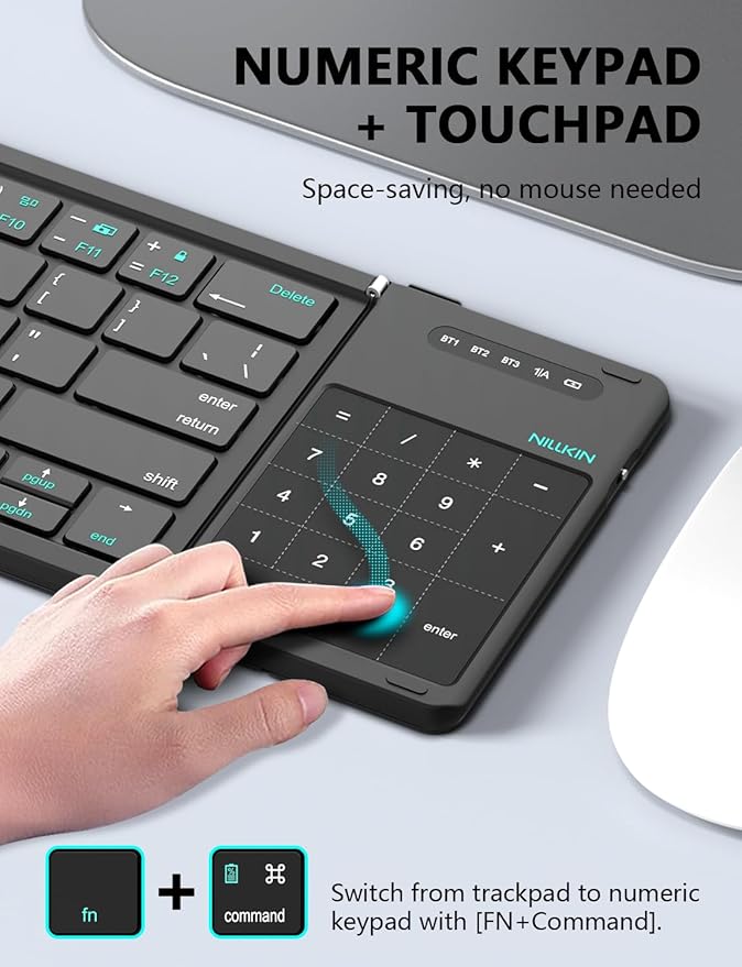 Nillkin Foldable Keyboard with Touchpad, Bluetooth Keyboard with Number Pad, Full Size Keys, Large Trackpad Small Travel Portable Keyboards for iPad Laptop PC Tablets -Black