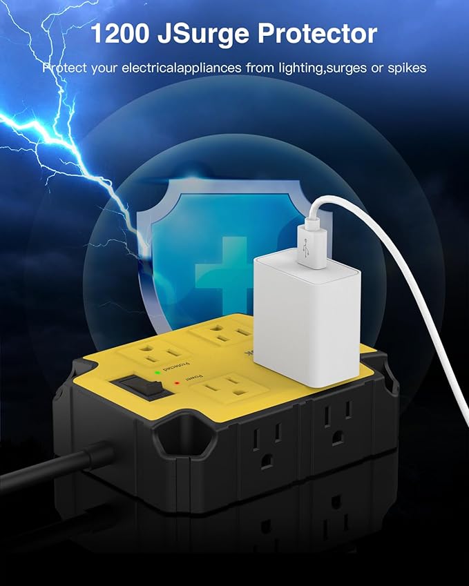8-Outlets Heavy Duty Power Strip with 4 USB Ports(2 USB-C), Industrial Magnetic Surge Protector Power Strip 15 Amps/1200 Joules, 6.5 Ft Multi-Plug Electric Extension Cord for Workshop Garage (Yellow)