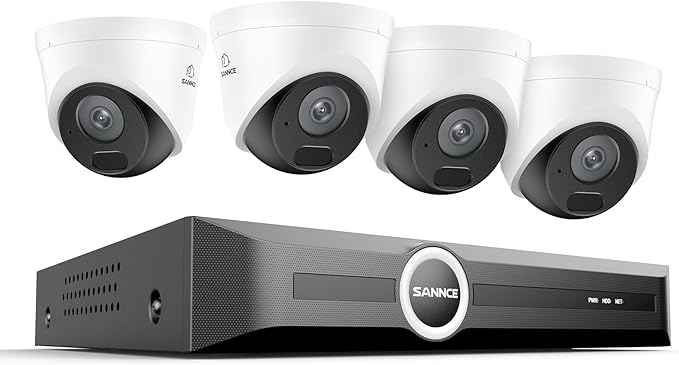 SANNCE 5MP PoE Security Camera System, 8CH 6MP Surveillance NVR with 4PCS 5MP HD Weatherproof Dome Cameras with H.265 Video Compression, Smart IR LED, APP Push Alert, Remote Access (NO HDD)