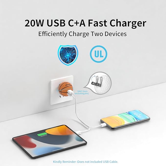 20W Dual Port Creative Golf Ball Charger Block， GaN III Power Adapter Fast Wall Charger with UL Certified, Fast Charging for iPhone 16/16 Pro/16 Pro Max/16 Plus/15/14/13/12, Galaxy, iPad, Airpods