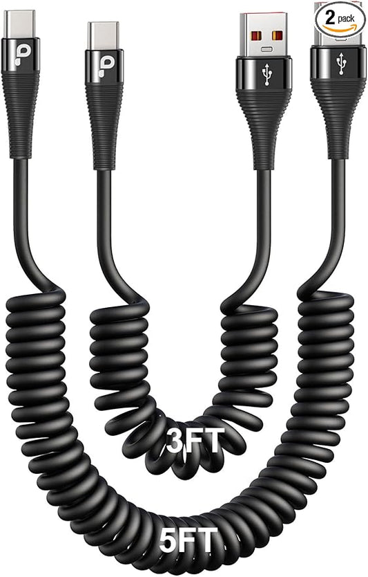 PRAKIE Coiled USB C Cable Fast Charging for Car 3FT/5FT, USB A to USB C Cable, Type C Charge Cord USB-C Charging Cable Compatible with iPhone 17/16/15/Samsung Galaxy S20 and More USB C Devices-Black