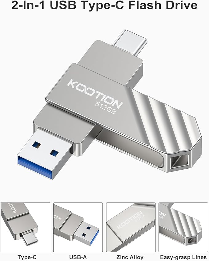 512GB Type-C Thumb Drive Dual USB 3.2 Flash Drive Up to 450MB/s, KOOTION 2 in1 OTG USB C Solid State Flash Drive, Swivel USB Drive Memory Stick for iPhone 15/16