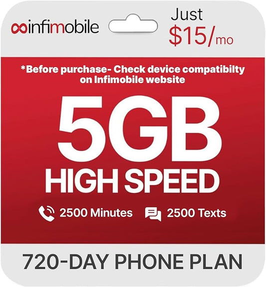 $15/Month | Infimobile Prepaid Plan: 24 Months | 5GB High-Speed Data Per Month | 2500 Minutes and 2500 Text| Prepaid Plan Service SIM Card | Nationwide Coverage | 4G, 5G T-Network