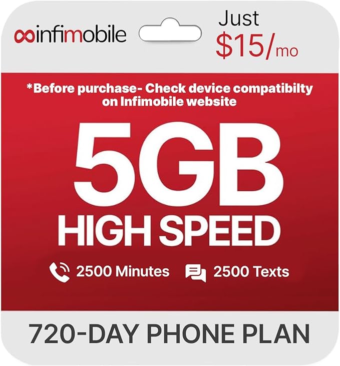 $15/Month | Infimobile Prepaid Plan: 24 Months| 5GB High-Speed Data Per Month | 2500 Minutes and 2500 Text| Prepaid Plan Service SIM Card | Nationwide Coverage | 4G, 5G V-Network